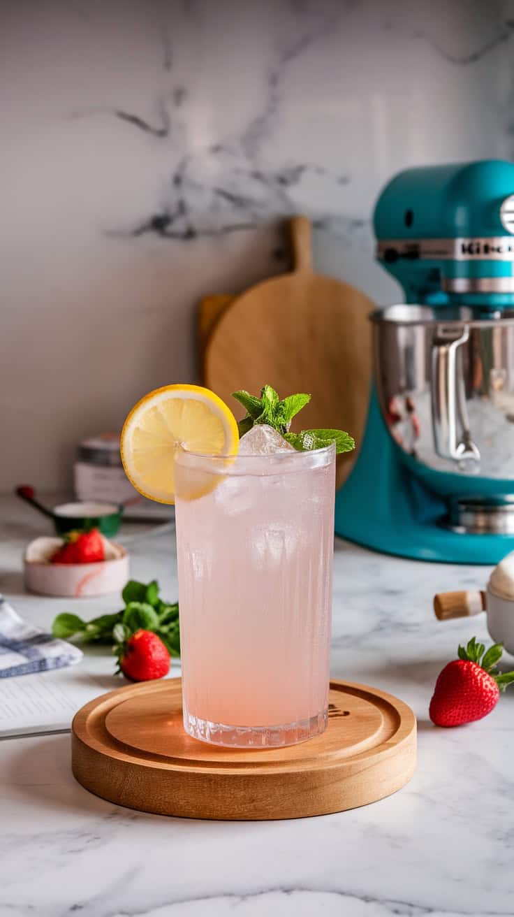 A refreshing pink lemonade cocktail garnished with a lemon slice and mint leaves.