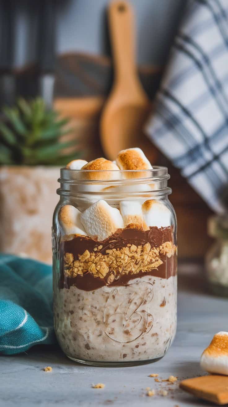 A jar of S'mores Overnight Oats with layers of oats, chocolate, and marshmallows, topped with toasted marshmallows.