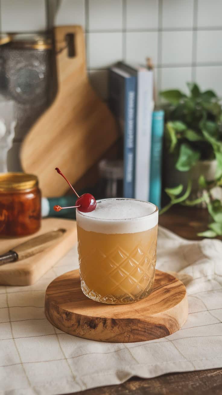 A beautifully crafted Golden Amaretto Sour cocktail garnished with a cherry, served in a stylish glass on a wooden surface.