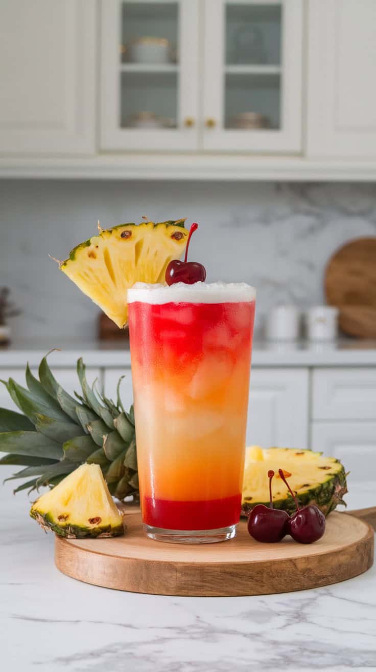A colorful Tropical Bay Breeze Cocktail garnished with cherries and pineapple slices.