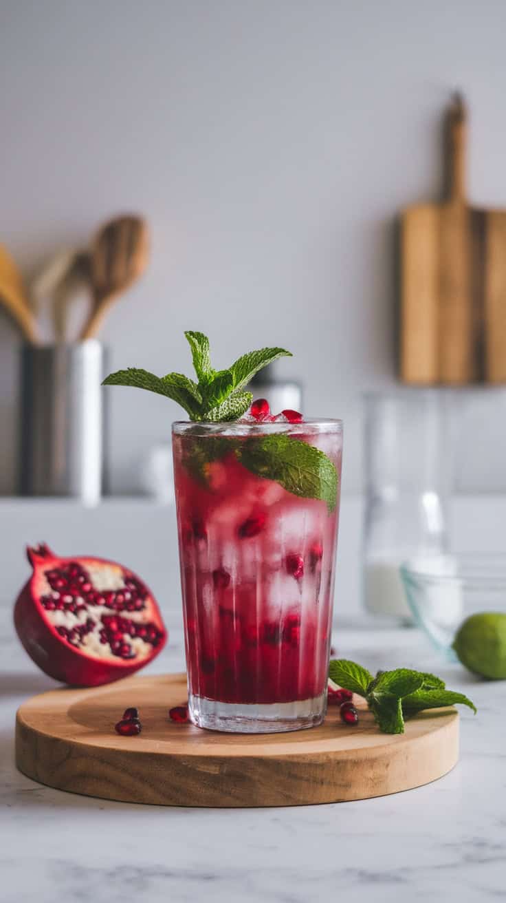 A refreshing Pomegranate Mojito cocktail garnished with mint leaves, served in a clear glass with pomegranate seeds and mint on a wooden board.