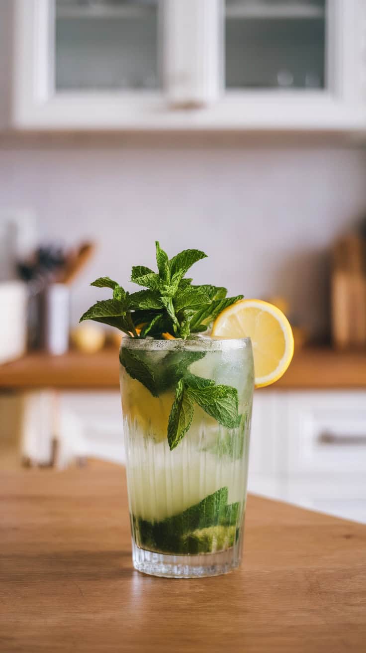 A refreshing Meyer Lemon Mojito garnished with mint and a lemon slice