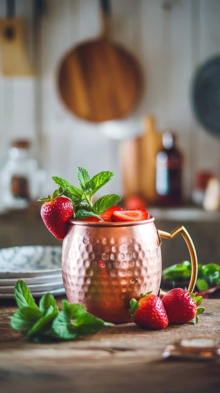 A Mint Strawberry Moscow Mule cocktail garnished with mint and strawberries in a copper mug.