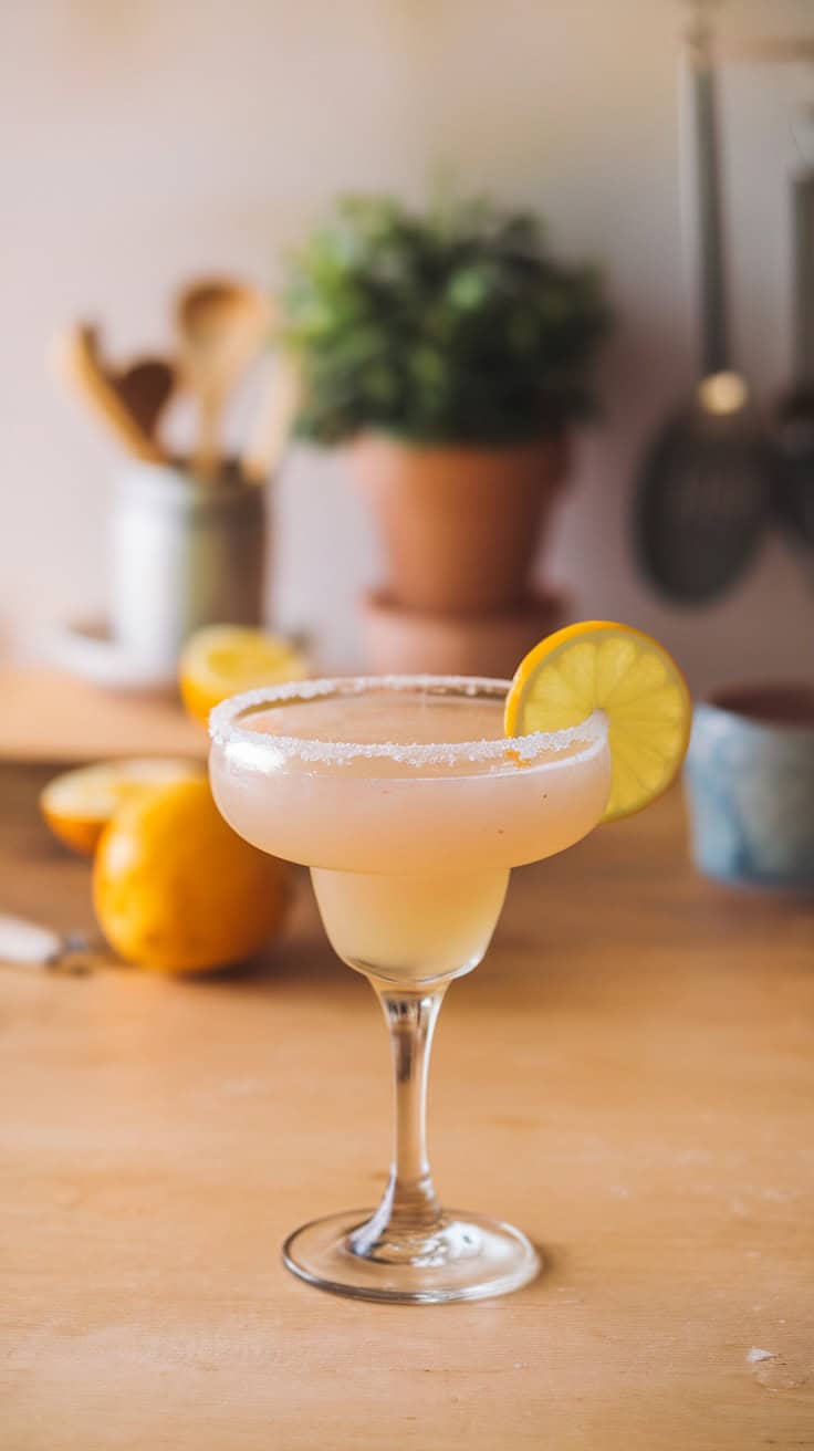A pastel-colored margarita garnished with a lemon slice, on a wooden table.