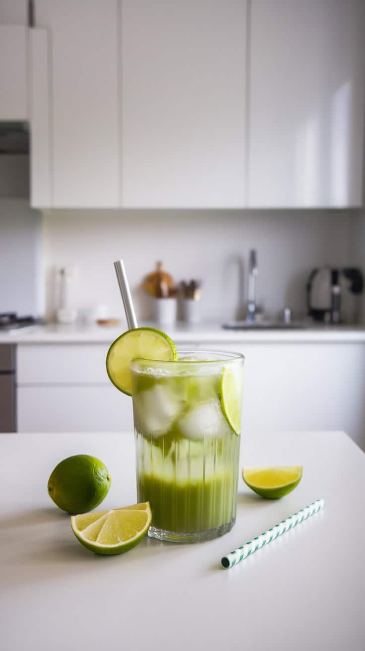 A glass of Matcha Lime Energizer with lime slices and a straw