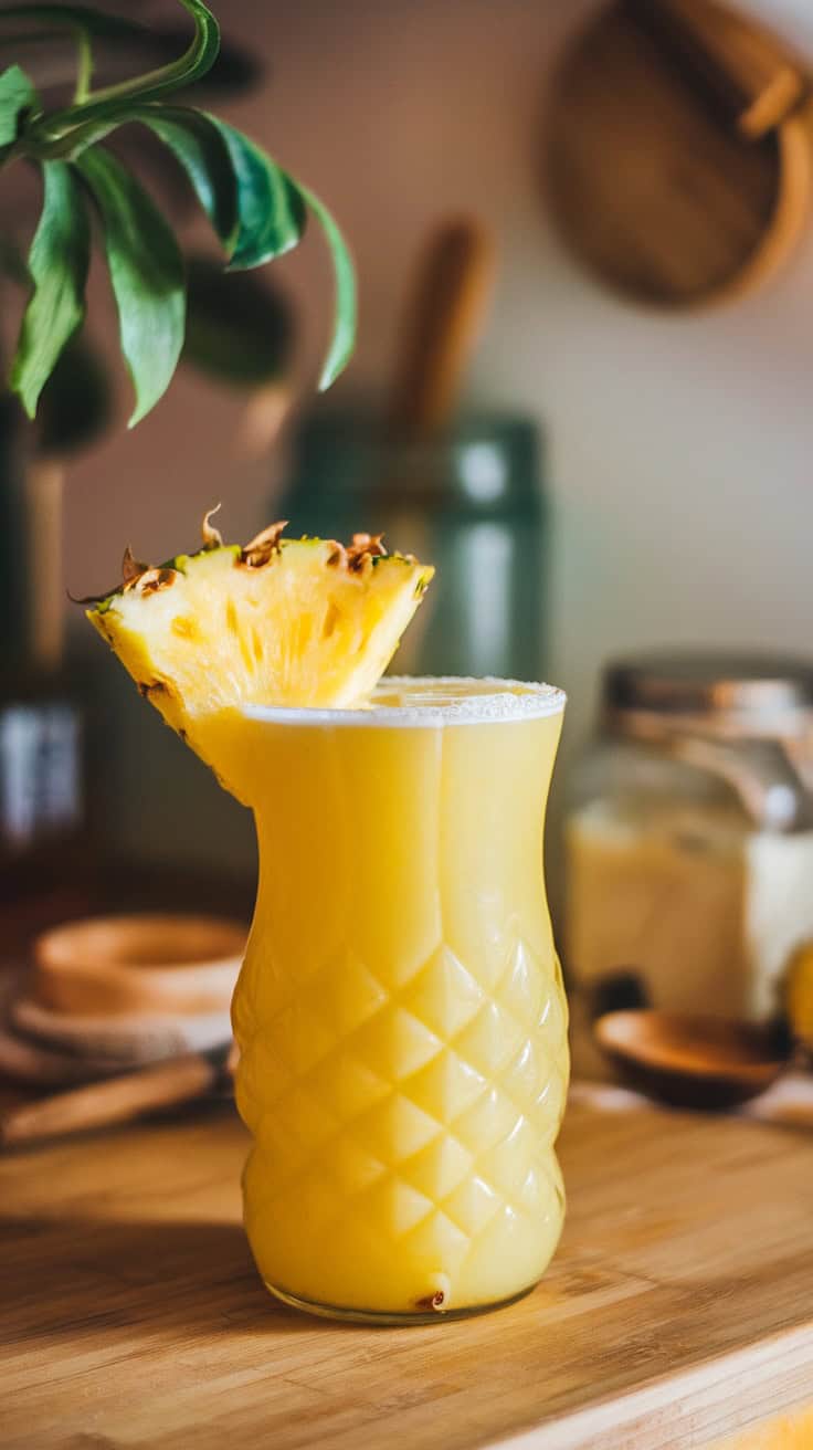 A refreshing pineapple cocktail garnished with a slice of pineapple.
