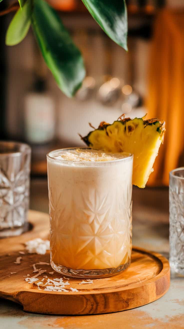 A refreshing Coconut Rum Punch served in a glass with a pineapple garnish.