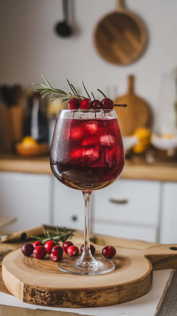 A glass of Cranberry Rosemary Spritz garnished with rosemary and cranberries.