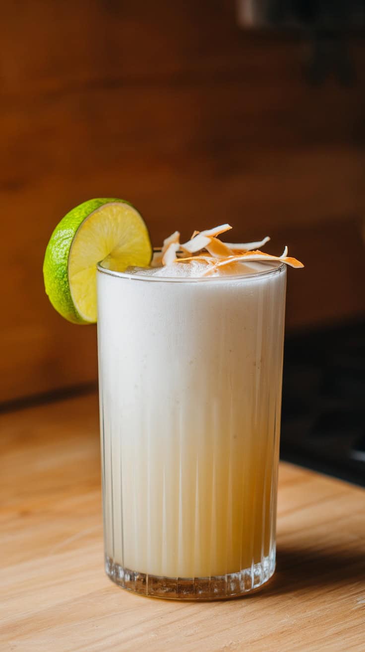 A refreshing Coconut Collins cocktail garnished with lime and coconut flakes.