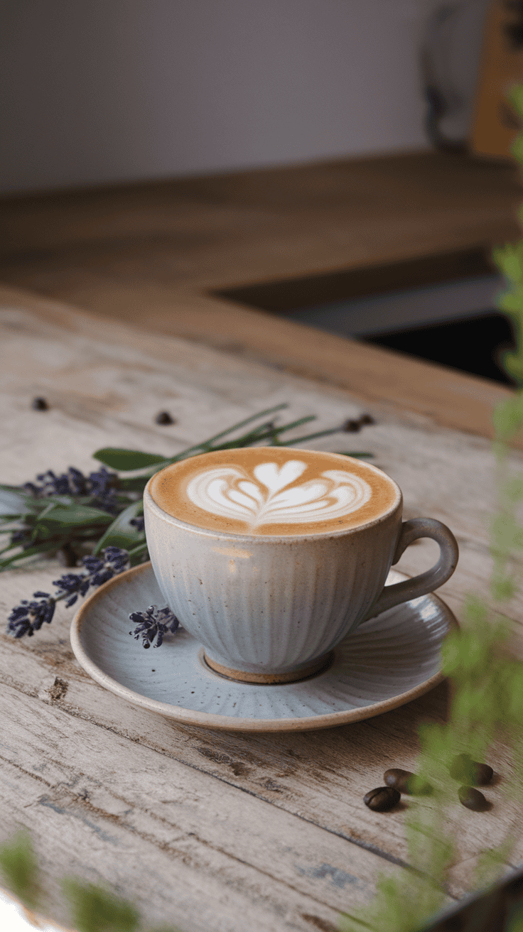 A cozy lavender latte in a beautiful cup with lavender flowers around.