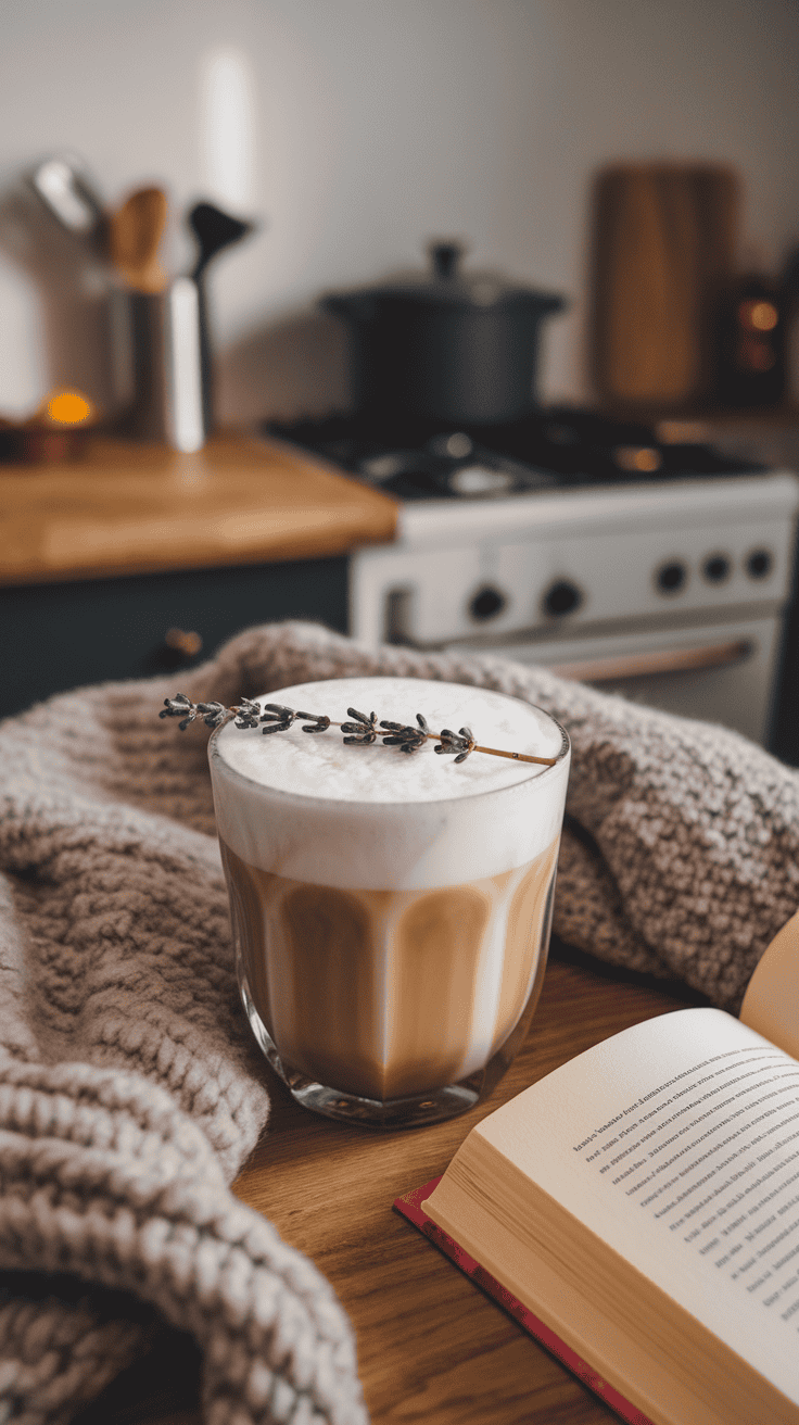 A creamy London Fog coffee topped with lavender, resting on a wooden table with a cozy blanket.
