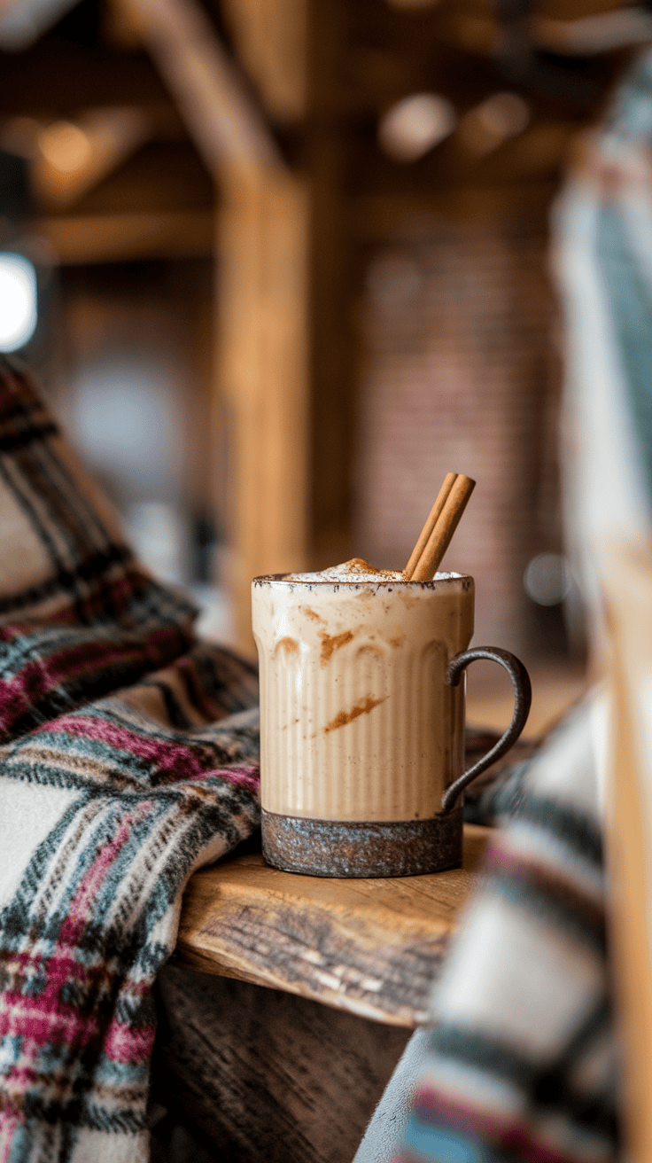 A glass of hazelnut eggnog with a cocoa sprinkle on top, surrounded by hazelnuts and pinecones.