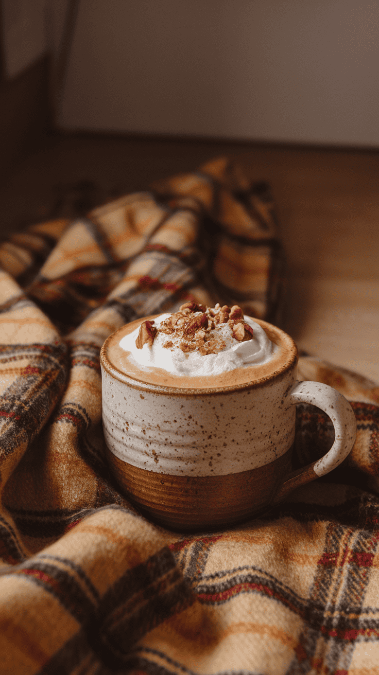 A warm Maple Pecan Latte topped with whipped cream and pecans, served in a rustic ceramic mug.