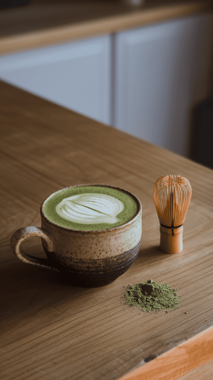 A matcha latte in a rustic cup with a bamboo whisk beside it.