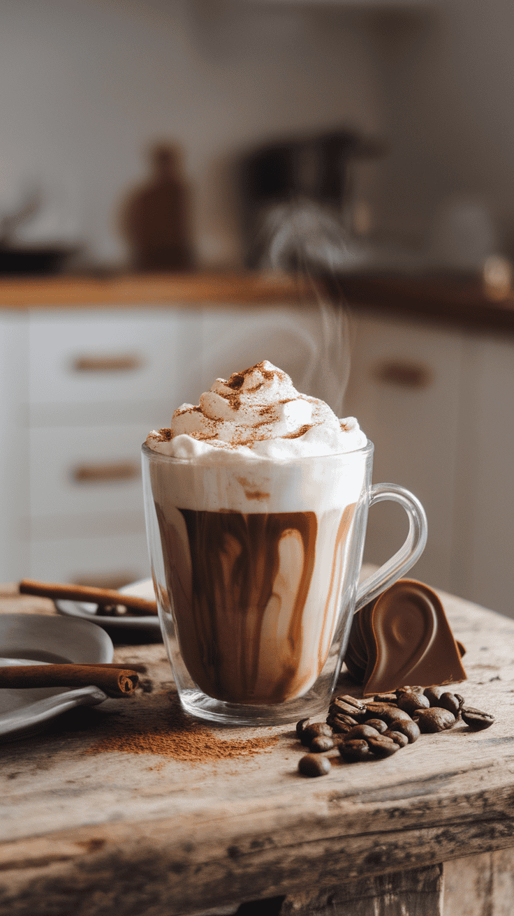 A steaming cup of Mexican Mocha topped with whipped cream and a sprinkle of cinnamon.