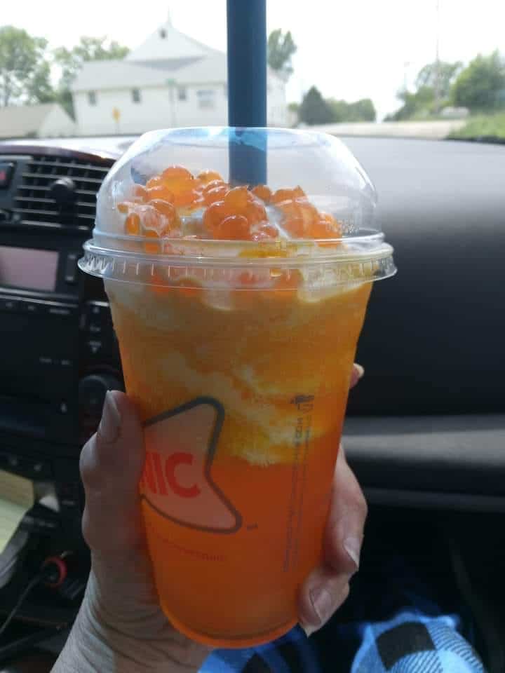 orange cloud slush float with orange bubbles