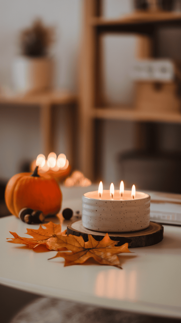 A cozy table setup featuring a lit candle, autumn leaves, a small pumpkin, and a warm atmosphere.