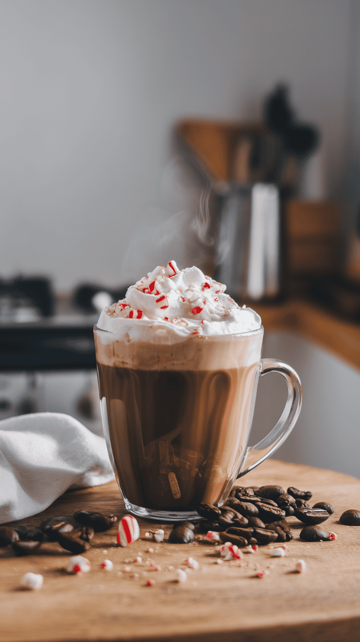 A steaming cup of peppermint mocha topped with whipped cream and crushed candy canes.