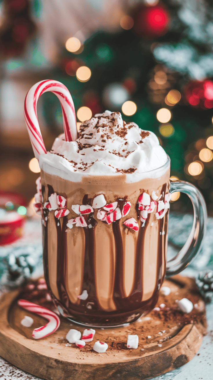 A festive peppermint mocha eggnog topped with whipped cream, crushed peppermint, and candy canes.