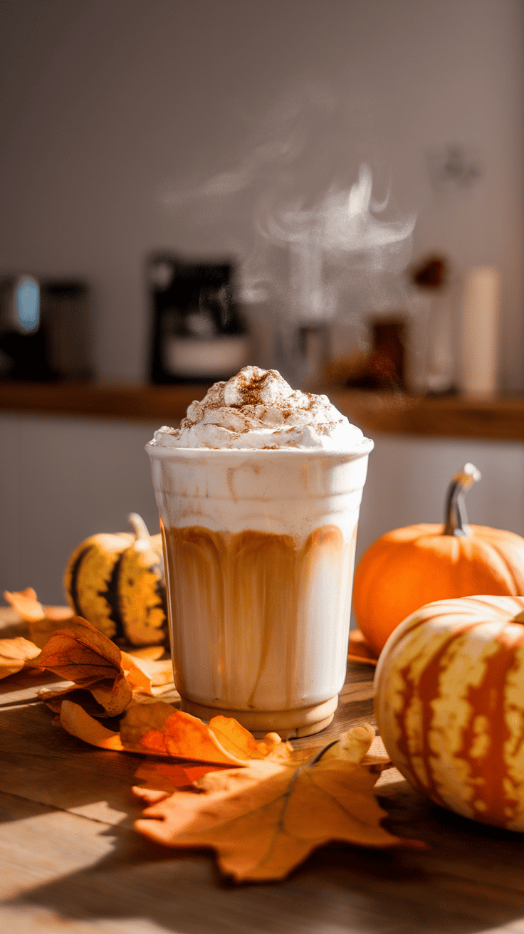 A creamy pumpkin spice latte topped with whipped cream and spices, surrounded by autumn leaves and pumpkins.