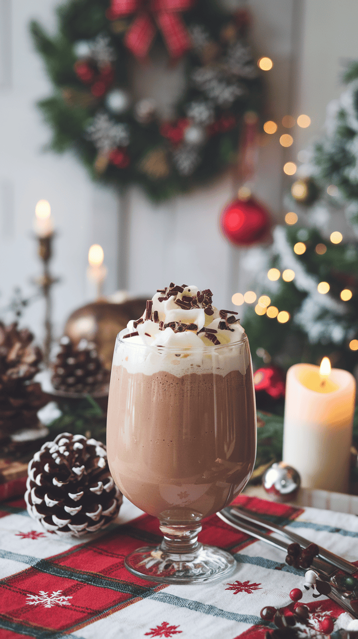 A glass of rich chocolate eggnog topped with whipped cream and chocolate shavings, surrounded by festive decorations.