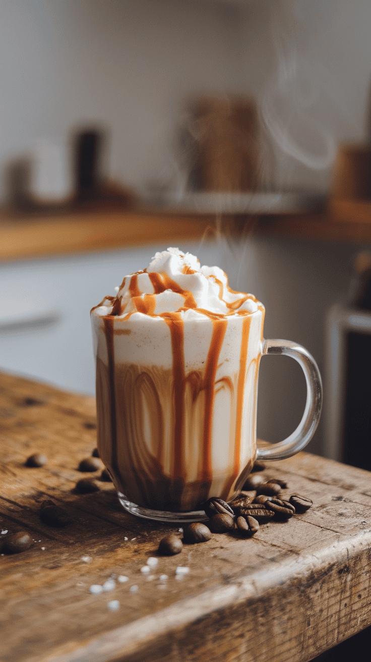 A delicious cup of Salted Caramel Mocha topped with whipped cream and caramel drizzle.