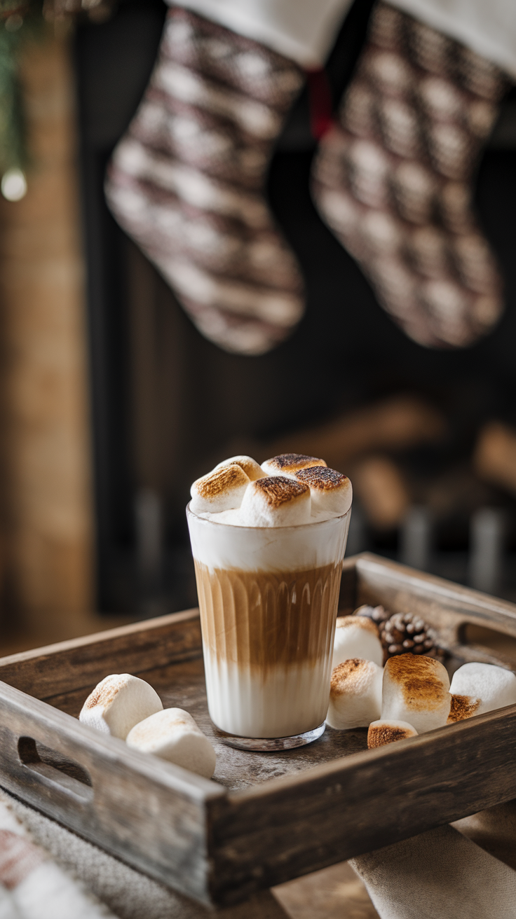 A glass of toasted marshmallow coffee surrounded by marshmallows and pine cones on a wooden tray.