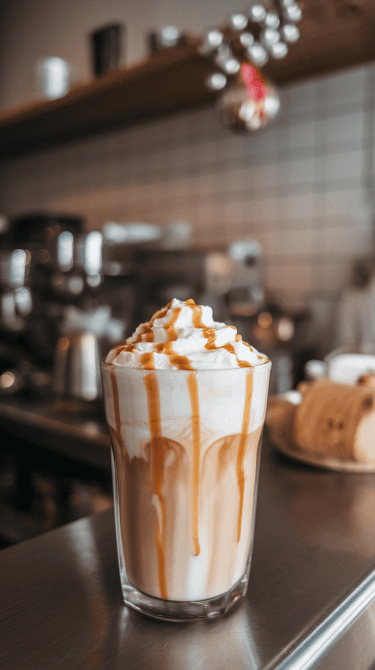 A delicious Toffee Nut Latte topped with whipped cream and caramel drizzle