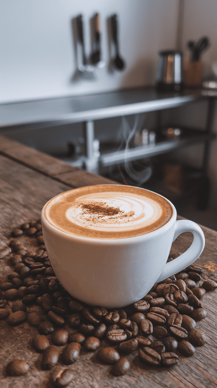 A steaming cup of vanilla latte with a sprinkle of cinnamon on top, surrounded by coffee beans.