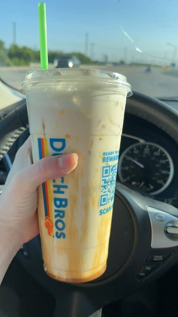 white coffee breve, strawberry, banana, coconut , caramel drizzle
