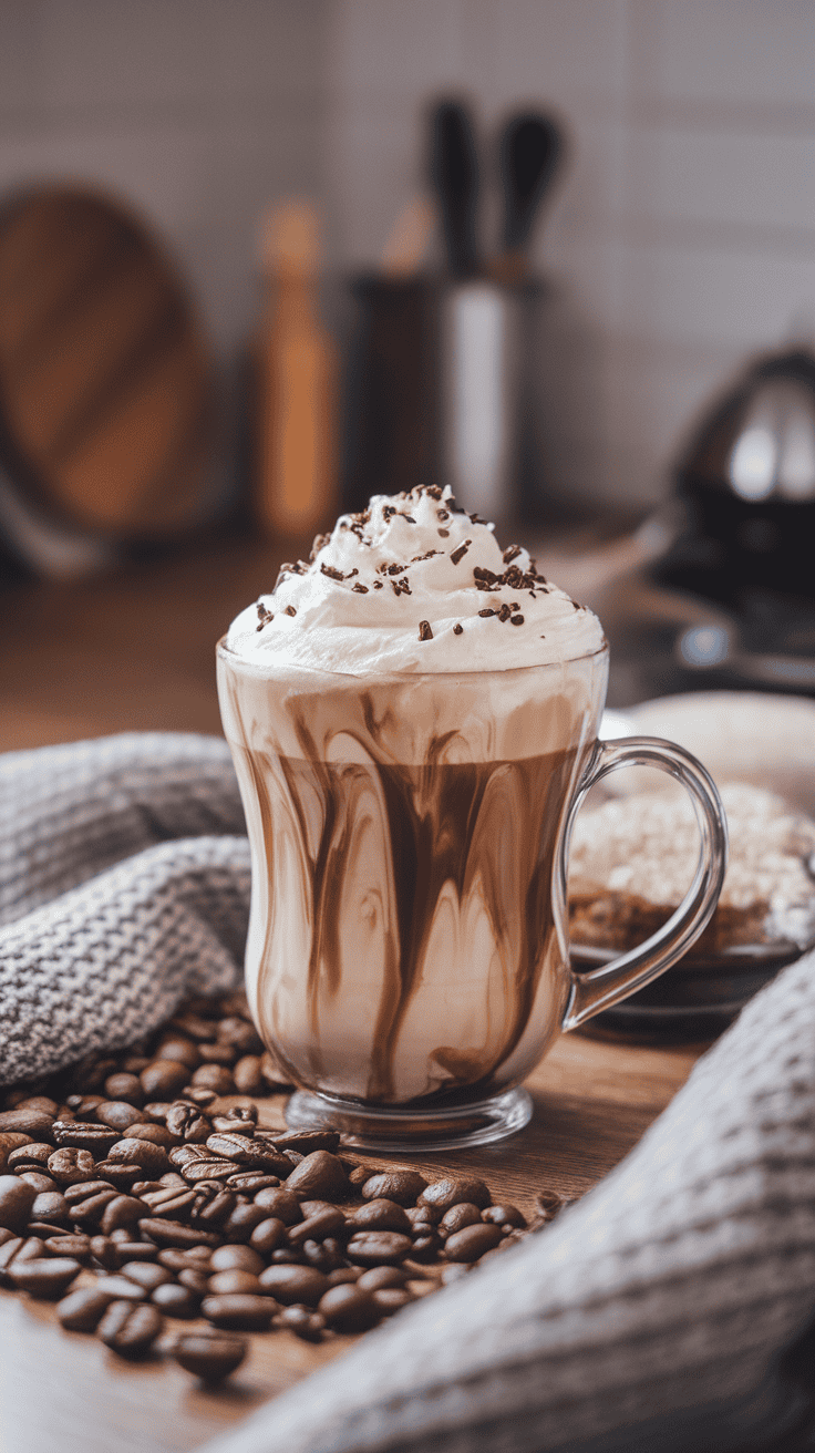 A delicious cup of white chocolate mocha topped with whipped cream and chocolate shavings, surrounded by coffee beans.
