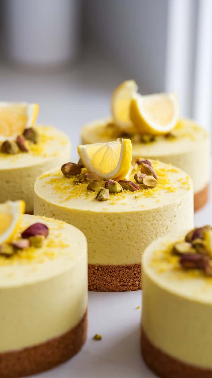Pistachio Meyer Lemon Mousse Cakes topped with lemon slices and crushed pistachios