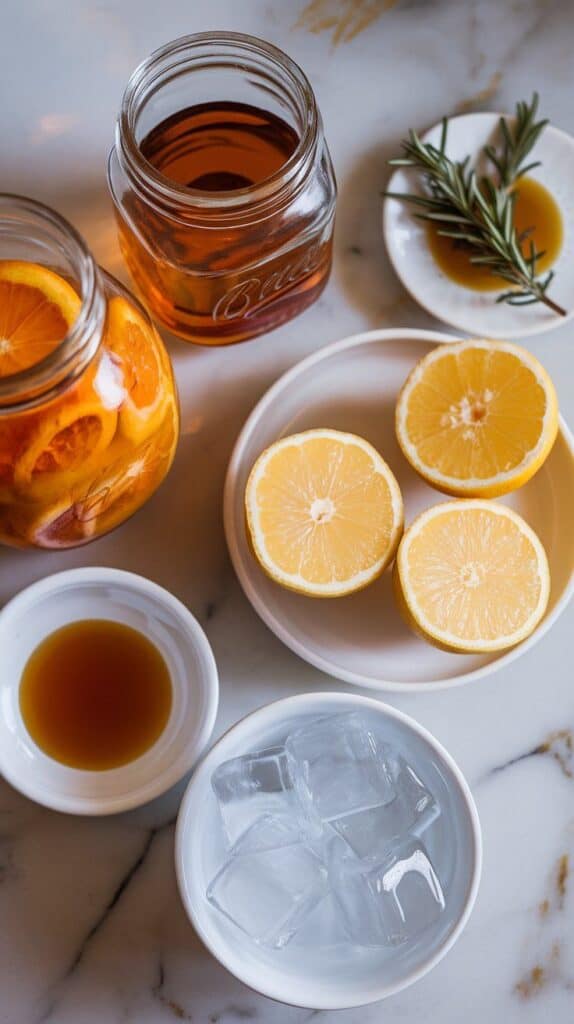 a small glass jar filled with bourbon, a small glass jar of fresh orange juice with char marks, a small white plate with fresh lemon halves and one squeezed, a small white plate with thick maple syrup, a small white dish holding two charred rosemary sprigs, and a small white bowl of clear ice cubes