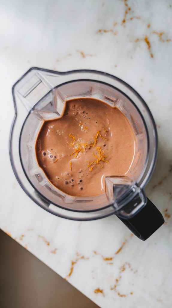a blender mid-blend, the chocolate orange protein shake swirling into a thick, smooth mixture with tiny flecks of orange zest visible.