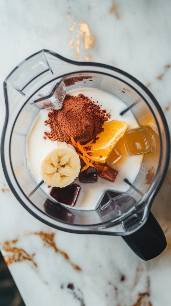  a blender filled with creamy milk, a scoop of chocolate protein powder, rich cocoa powder, a sliced frozen banana, fresh orange juice, bright orange zest