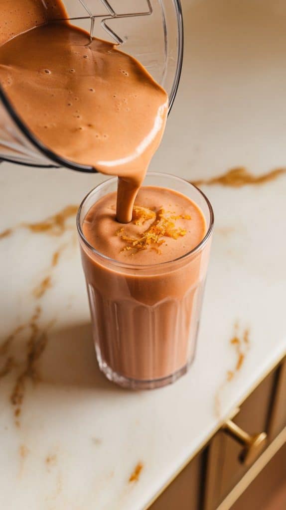 a thick, creamy Chocolate Orange Protein Shake being poured from a blender into a tall glass, filling it to the top