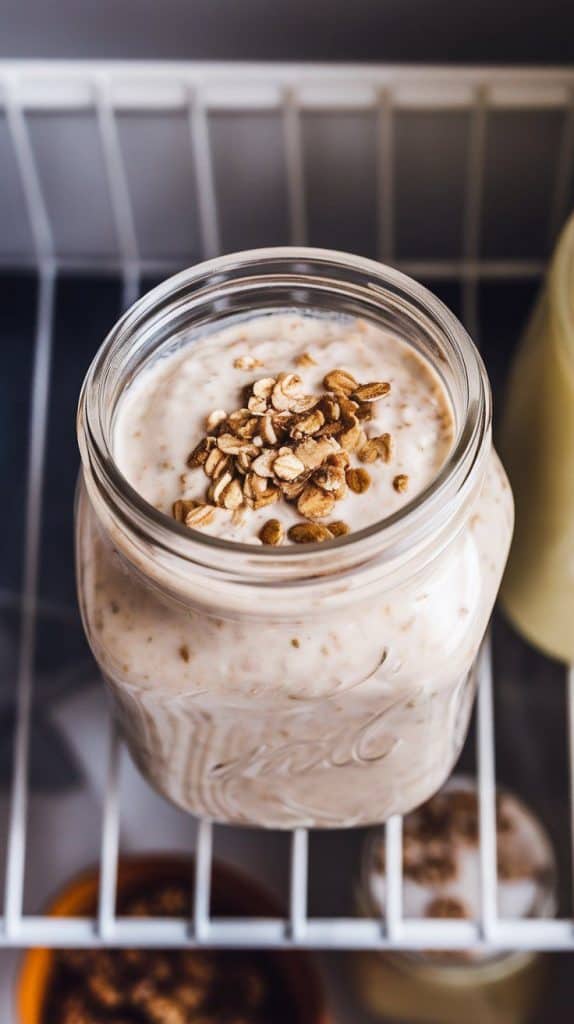 a sealed mason jar filled with creamy Cottage Cheese Overnight Oats, resting in the fridge
