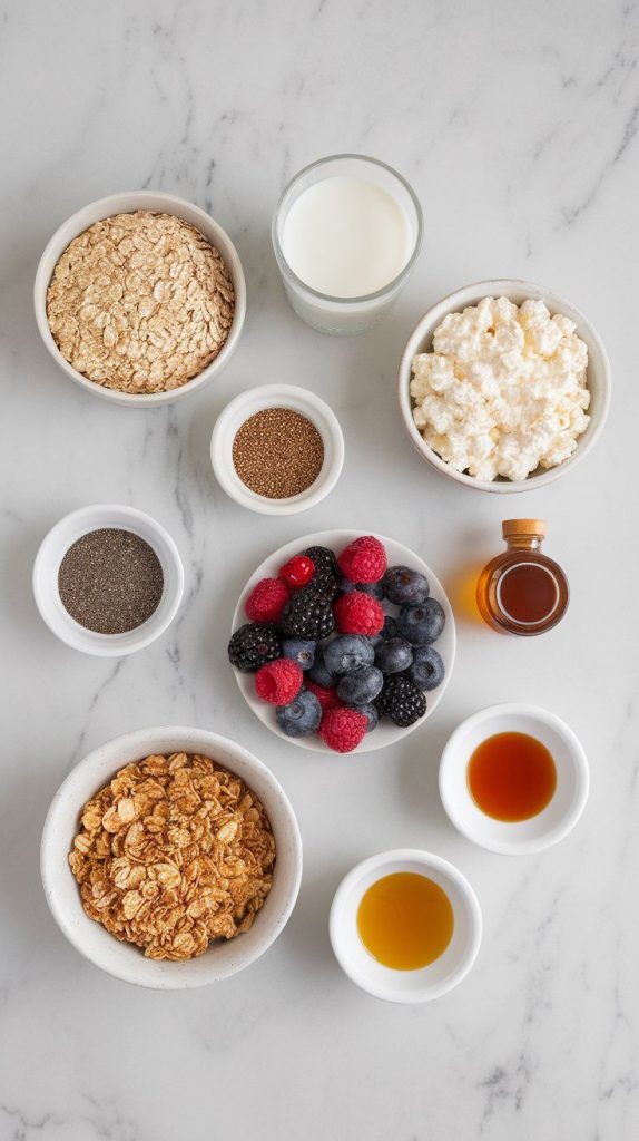 a small plate of rolled oats, a small glass of milk, a small plate of cottage cheese, a small plate of chia seeds, a small plate of honey, a small plate of vanilla extract, a small plate of fresh mixed berries, a small plate of granola, and a small plate of extra honey