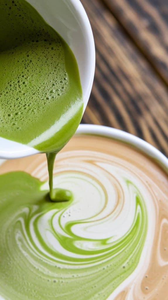 A super close-up, top-down shot of vibrant green matcha being poured over the creamy chai