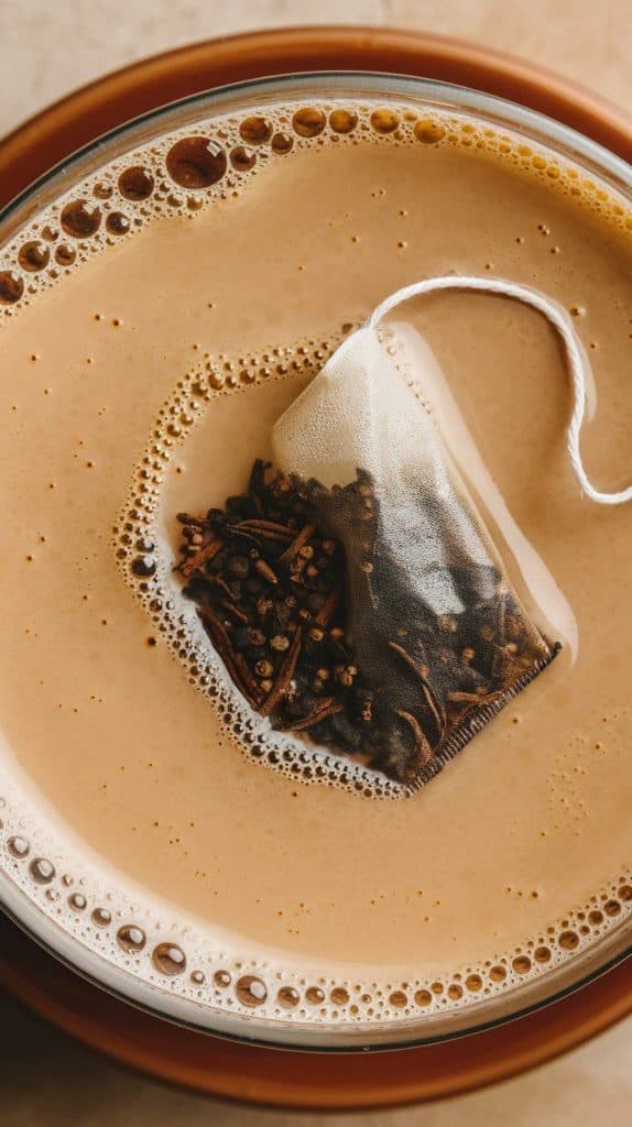 A super close-up, top-down shot of a chai tea bag being removed from the creamy, spiced milk mixture, the liquid infused with warm spices.