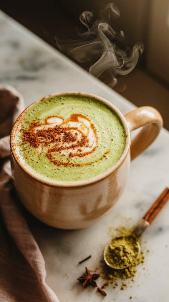 A super close-up, top-down shot of the finished Creamy Matcha Chai Latte