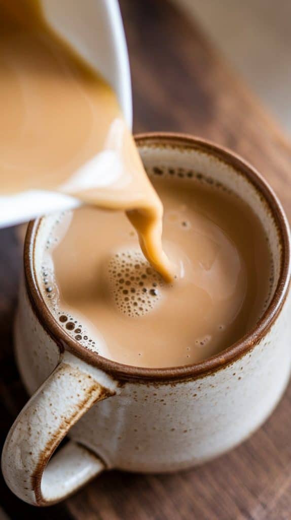  A super close-up, top-down shot of creamy chai-infused milk being poured into a ceramic mug
