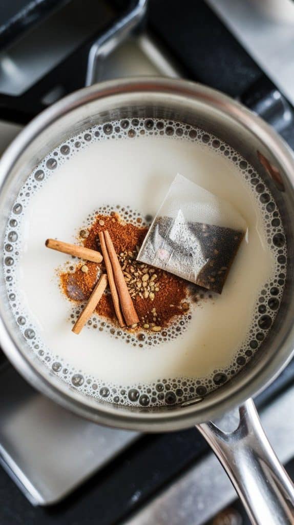 A super close-up, top-down shot of milk, chai spices, and a chai tea bag simmering in a small saucepan