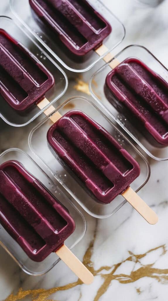 filled popsicle molds with sticks placed upright in the center, mixture vibrant purple and even, being slid into the freezer drawer