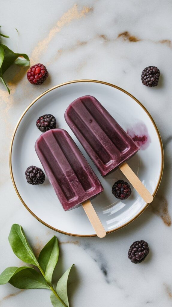 mulberry honey popsicles freshly removed from the molds, deep purple color with smooth glossy surface, served
