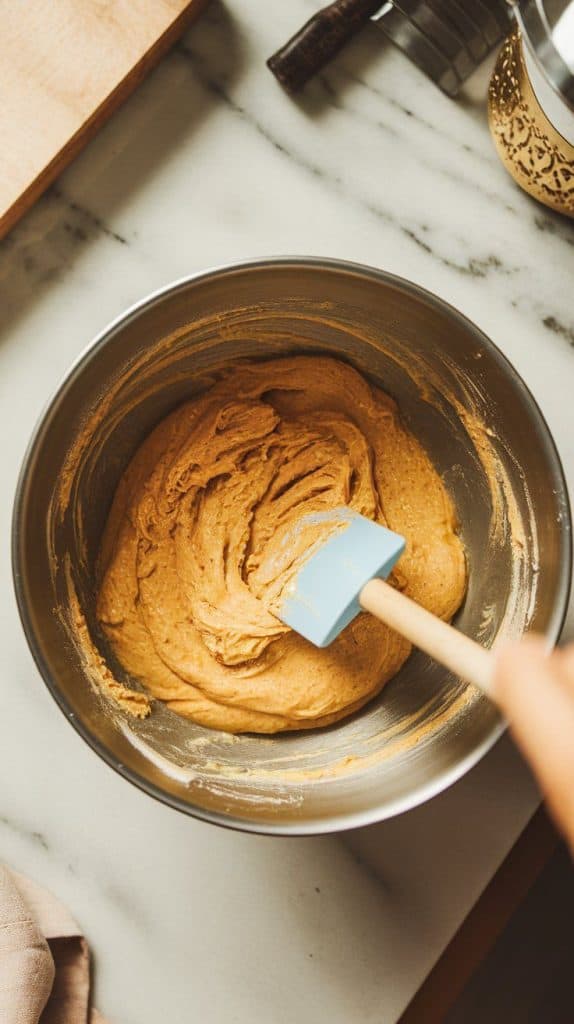 banana bread batter being mixed in a bowl with a spatula, with flour streaks still visible before fully combined