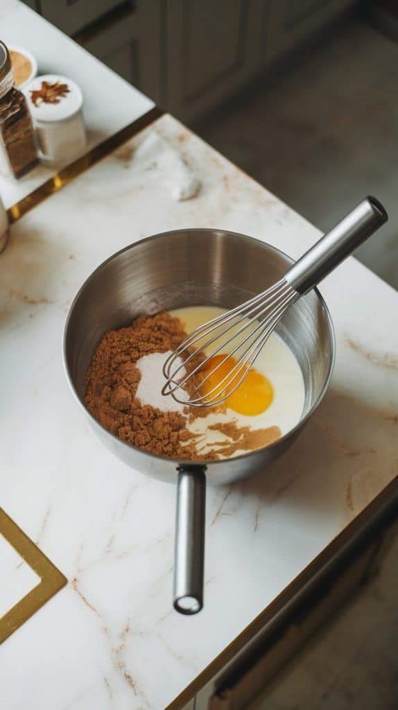 melted butter, brown sugar, granulated sugar, an egg, vanilla extract, and milk being whisked together in a bowl until fully combined