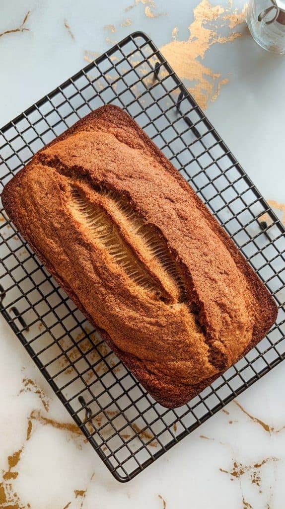 a freshly baked snickerdoodle banana bread loaf cooling on a wire rack, with a crispy cinnamon-sugar crust on top