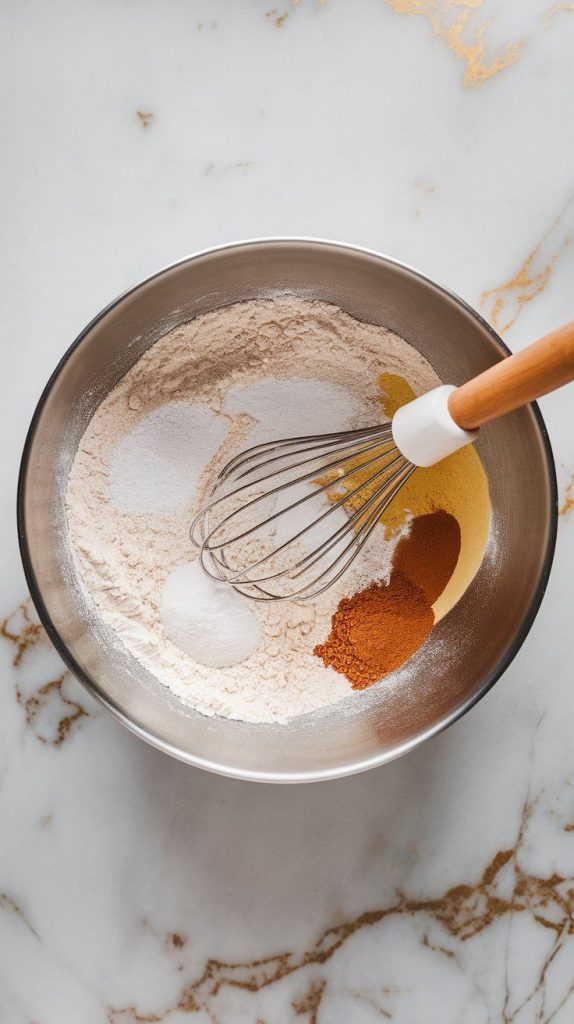 flour, baking soda, baking powder, salt, and cinnamon being whisked together in a mixing bowl