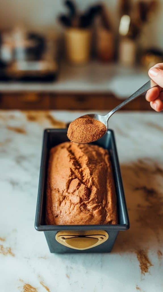 a small bowl of cinnamon-sugar mix, with a spoon sprinkling it over the banana bread batter in a loaf pan